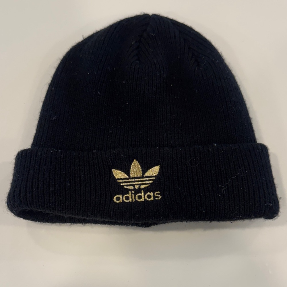 adidas Black Knit Cuffed Beanie with Gold Trefoil